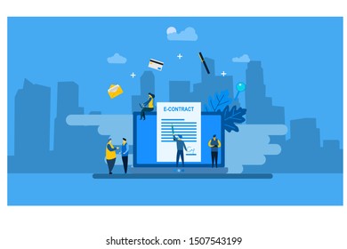 Website or landing page vector illustration of smart digital contract with Tiny People Character Concept Vector Illustration, Suitable For web landing page,Wallpaper, Background, Card, banner,Book