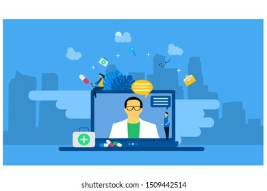Website or landing page vector illustration of Online doctor consultation with Tiny People Character Concept Vector Illustration, Suitable For web landing page,Wallpaper, Background, Card, banner,Book