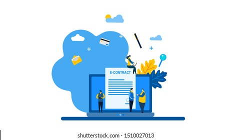 Website or landing page vector illustration of smart digital contract with Tiny People Character Concept Vector Illustration, Suitable For web landing page,Wallpaper, Background, Card, banner,Book 