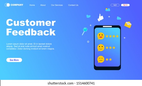 Website or landing page vector illustration of Customer feedback online review site landing page. Online review report client survey presentation template.