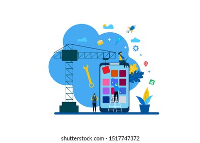 Website or landing page vector illustration of Mobile application development with Tiny People Character Concept Vector Illustration, Suitable For web landing page,Wallpaper, Background, Card, banner