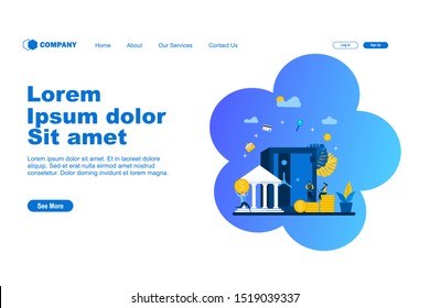 Website or landing page vector illustration of Big bankers are involved in work, saving or raising money with Tiny People Character Concept Vector Illustration, Suitable For web landing page,Wallpaper