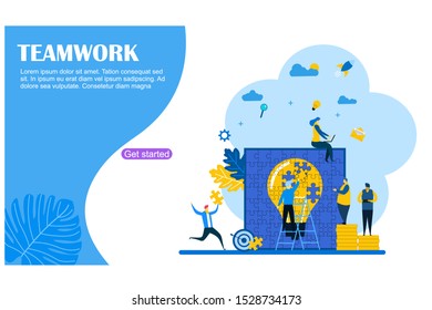 	
Website or landing page vector illustration of Business concept. Team metaphor. people connecting puzzle elements with Tiny People Character Concept Vector Illustration,