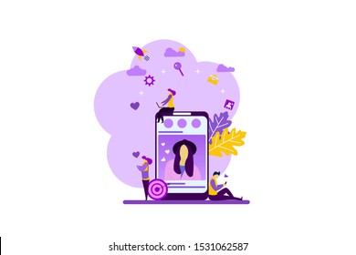 Website or landing page vector illustration of Social media marketing with Tiny People Character Concept Vector Illustration, Suitable For web landing page,Wallpaper, Background, Card, banner,