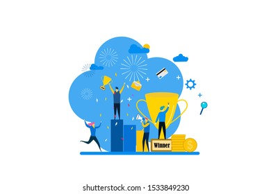 Website or landing page vector illustration of Celebrating with Big Trophy. Business Team Success with Tiny People Character Concept Vector Illustration, Suitable For web landing page,Wallpaper,