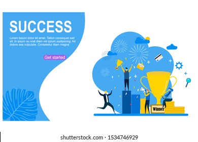 Website or landing page vector illustration of Celebrating with Big Trophy. Business Team Success with Tiny People Character Concept Vector Illustration, Suitable For web landing page,Wallpaper,