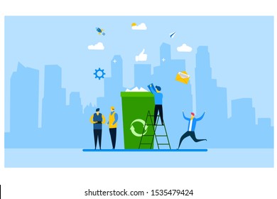 Website or landing page vector illustration of Recycling garbage.The employee is engaged in recycling with Tiny People Character Concept Vector Illustration, Suitable For web landing page,Wallpaper,
