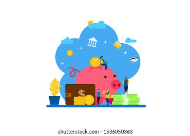 Website or landing page vector illustration of Business and Finance Landing Page Template with Tiny People Character Concept And piggy bank .Vector Illustration, Suitable For web landing page,