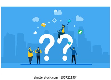 Website or landing page vector illustration of FAQ and QnA.people asking to online support center with Tiny People Character Concept Vector Illustration, Suitable For web landing page,Wallpaper, 