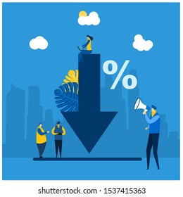 Website or landing page vector illustration of  percent presses down arrow, percent drop with Tiny People Character Concept Vector Illustration, Suitable For web landing page,Wallpaper, Background