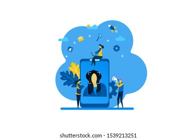 Website or landing page vector illustration of  scans the application face with Tiny People Character Concept Vector Illustration, Suitable For web landing page,Wallpaper, Background, Card, banner.