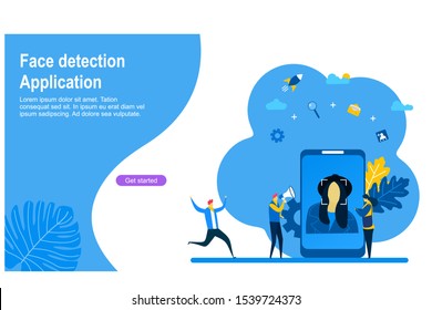 Website or landing page vector illustration of scans the application face with Tiny People Character Concept Vector Illustration, Suitable For web landing page,Wallpaper, Background, Card, banner,Book