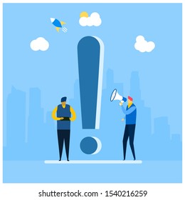 Website or landing page vector illustration of waiting to be answered, around the exclamation mark, answer to the metaphor of the question.Tiny People Character Concept Vector Illustration,