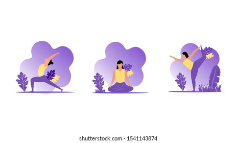 Website or landing page vector illustration of  Woman does yoga exercise, yoga pose. Web page template of Yoga School, Studio.vector illustration,Suitable For web landing page,Wallpaper, Background