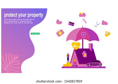 	
Website or landing page vector illustration of  Property and insurance with Tiny People Character Concept Vector Illustration, Suitable For web landing page, Wallpaper, Background, Card, banner