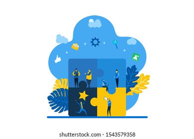 Website or landing page vector illustration of  people connecting puzzle elements.Symbol of teamwork,partnership.team metaphor.Vector Illustration, Suitable For web landing page,Wallpaper, Background,