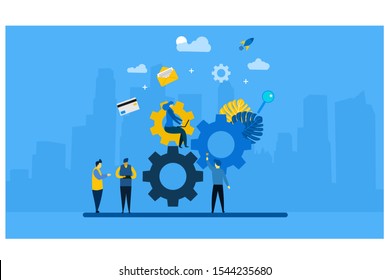 Website or landing page vector illustration of  little people links of mechanism, business mechanism,people are engaged in business promotion.Vector Illustration, Suitable For web landing page,