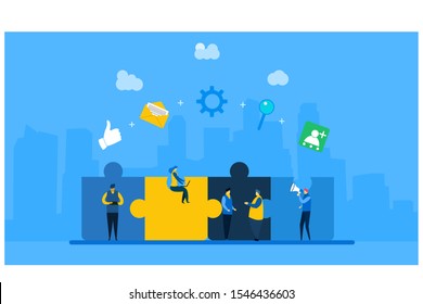 Website or landing page vector illustration of  people connecting puzzle elements.flat design style. Symbol of teamwork,partnership.vector Illustration