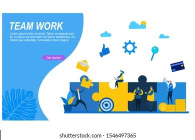 Website or landing page vector illustration of  people connecting puzzle elements.flat design style. Symbol of teamwork,partnership.vector Illustration