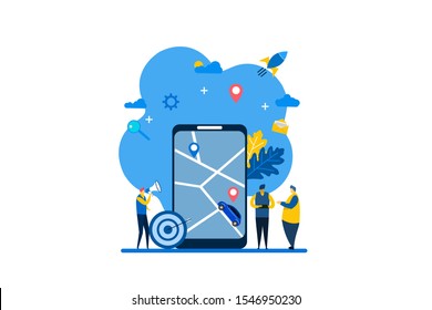 Website or landing page vector illustration of  Gps system,location on the city map, navigation in the smartphone with Tiny People Character Concept Vector Illustration, Suitable For web landing page,