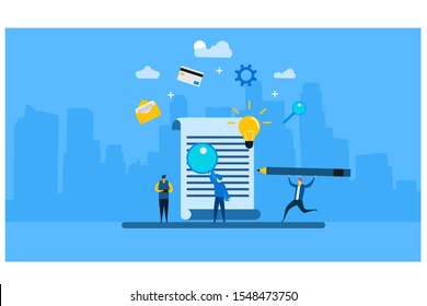 Website or landing page vector illustration of  business concept,finding new solutions with Tiny People Character Concept Vector Illustration, Suitable For web landing page,Wallpaper, Background, Card