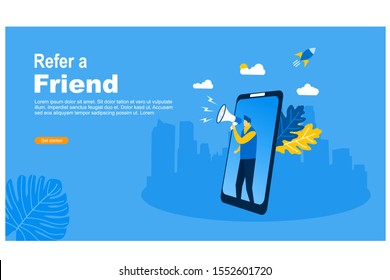 	
Website or landing page vector illustration of  affiliate marketing concept. refer a friend strategy. people character shout megaphone sharing referral business partnership