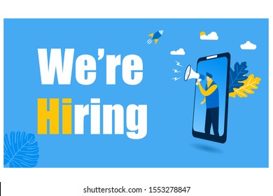 Website or landing page vector illustration of  people shouting on megaphone with we are hiring word vector illustration concept, can use for, landing page, template, ui, web.