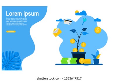 Website or landing page vector illustration of  a tree that grows money. business concept .Vector Illustration, Suitable For web landing page,Wallpaper, Background, Card, banner,Book Illustration