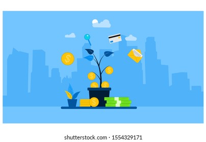 Website or landing page vector illustration of  a tree that grows money. business concept .Vector Illustration, Suitable For web landing page,Wallpaper, Background, Card, banner,Book Illustration
