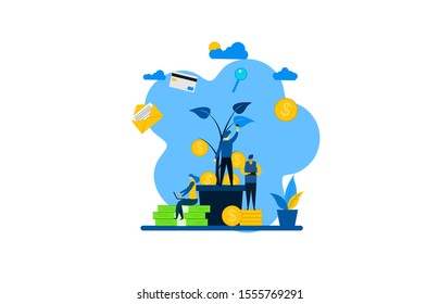 Website or landing page vector illustration of  a tree that grows money. business concept with Tiny People Character Concept Vector Illustration, Suitable For web landing page,Wallpaper, Background, 