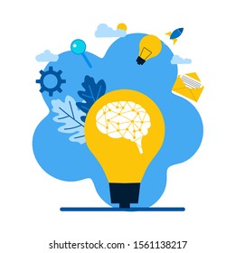 Website or landing page vector illustration of  The brain in the lamp. Brainstorm. looking for new solution ideas. Vector Illustration, Suitable For web landing page,Wallpaper, Background, Card, 