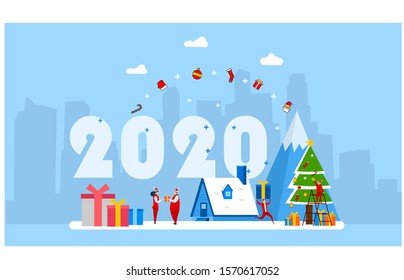 Website or landing page vector illustration of  Little people dressed in red with gifts from the background number 2020. Vector Illustration, Suitable For web landing page,Wallpaper, Background, Card