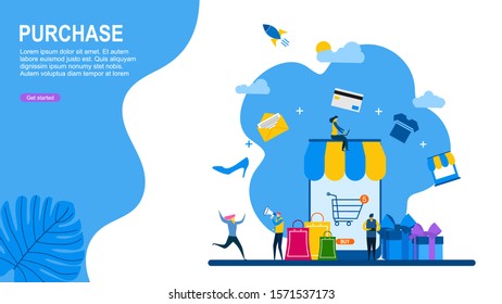 Website or landing page vector illustration of  Online shopping with smartphone. E-commerce shopping with Tiny People Character Concept Vector Illustration, Suitable For web landing page,Wallpaper, 
