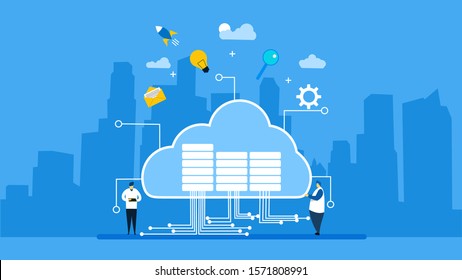 Website Or Landing Page Vector Illustration Of  Cloud Computing. Data In Database On Cloud Services With Tiny People Character Concept Vector Illustration, Suitable For Web Landing Page,Wallpaper, 