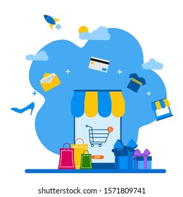 Website or landing page vector illustration of  Online shopping with smartphone. E-commerce shopping. Vector Illustration, Suitable For web landing page,Wallpaper, Background, Card