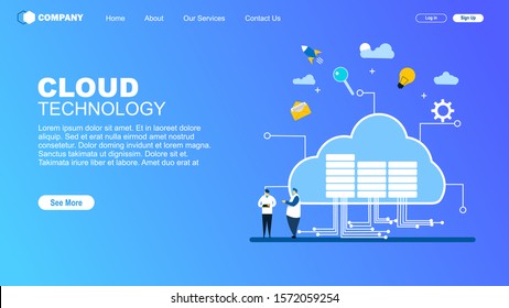Website or landing page vector illustration of  Cloud computing. Data in database on cloud services with Tiny People Character Concept Vector Illustration, Suitable For web landing page,Wallpaper, 