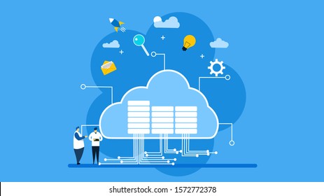 Computación en nube. Datos en la base de datos sobre servicios en la nube con la Ilustración de vectores de conceptos de personajes pequeños, adecuado para la página de inicio web, fondos de escritorio, fondo,banner,Ilustración del libro