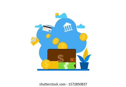 Website or landing page vector illustration of  big wallet and stack of coin, online payment, e transfer digital wallet .Vector Illustration, Suitable For web landing page,Wallpaper, Background,banner
