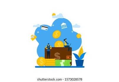 Website or landing page vector illustration of  men and woman with big wallet and stack of coin, online payment, e transfer digital wallet .Vector Illustration, Suitable For web landing page,Wallpaper