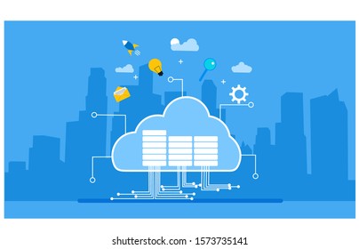 Computación en nube.  Datos en la base de datos sobre servicios en la nube, Ilustración vectorial, Ilustración adecuada para páginas web de aterrizaje, fondos de pantalla, banners, ilustraciones de libros