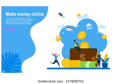 Website or landing page vector illustration of  men and woman with big wallet and stack of coin, online payment, e transfer digital wallet .Vector Illustration, Suitable For web landing page,Wallpaper