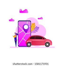 Website or landing page vector illustration of  the concept of online transportation.pictures of smartphone, car and woman.Can be used for landing pages, backgrounds, UI, web