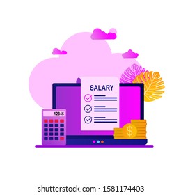 Website or landing page vector illustration of  Salary payment Concept.drawing paper salary slips, laptops, calculators and coins.Suitable For web landing page,Wallpaper, Background, Card, banner,Book