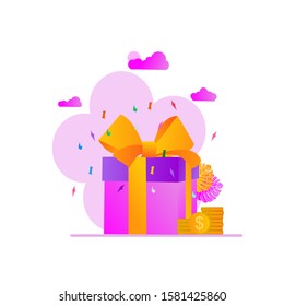 Website or landing page vector illustration of  Online reward.Gift box and coins .Can be used for landing pages, wallpapers, backgrounds and illustrated books