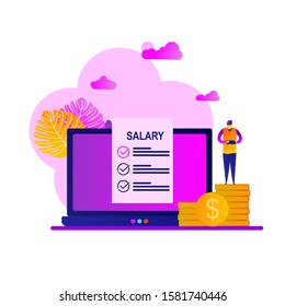 Website or landing page vector illustration of  salary payment.Laptops, salary slips and men stand on coins Can be used for landing pages, backgrounds, wallpapers, banners 