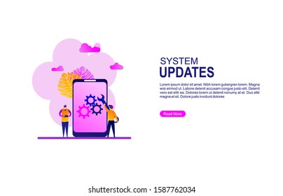 Website or landing page vector illustration of  System updates with people updating operation in computing and installation programs.Suitable For web landing page,Wallpaper, Background,banner,Book