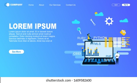 Website or landing page vector illustration of  Programming web banner.with Tiny People Character Concept Vector Illustration, Suitable For web landing page,Wallpaper, Background,banner,Book 