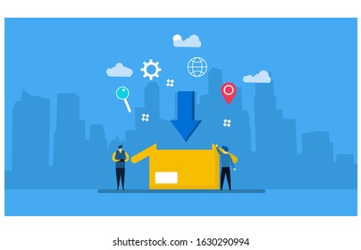Website or landing page vector illustration of   free download vector illustration.drawing down arrow and cardboard box with Tiny People Character Concept Vector Illustration, Suitable For web 