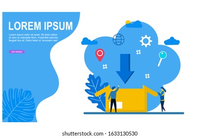 Website or landing page vector illustration of   Down arrow and open cardboard icon with Tiny People Character Concept Vector Illustration, Suitable For web landing page,Wallpaper, Background,banner,