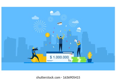 Website or landing page vector illustration of   a man wins a million-dollar check prize.Vector Illustration, Suitable For web landing page,Wallpaper, Background,banner,Book Illustration